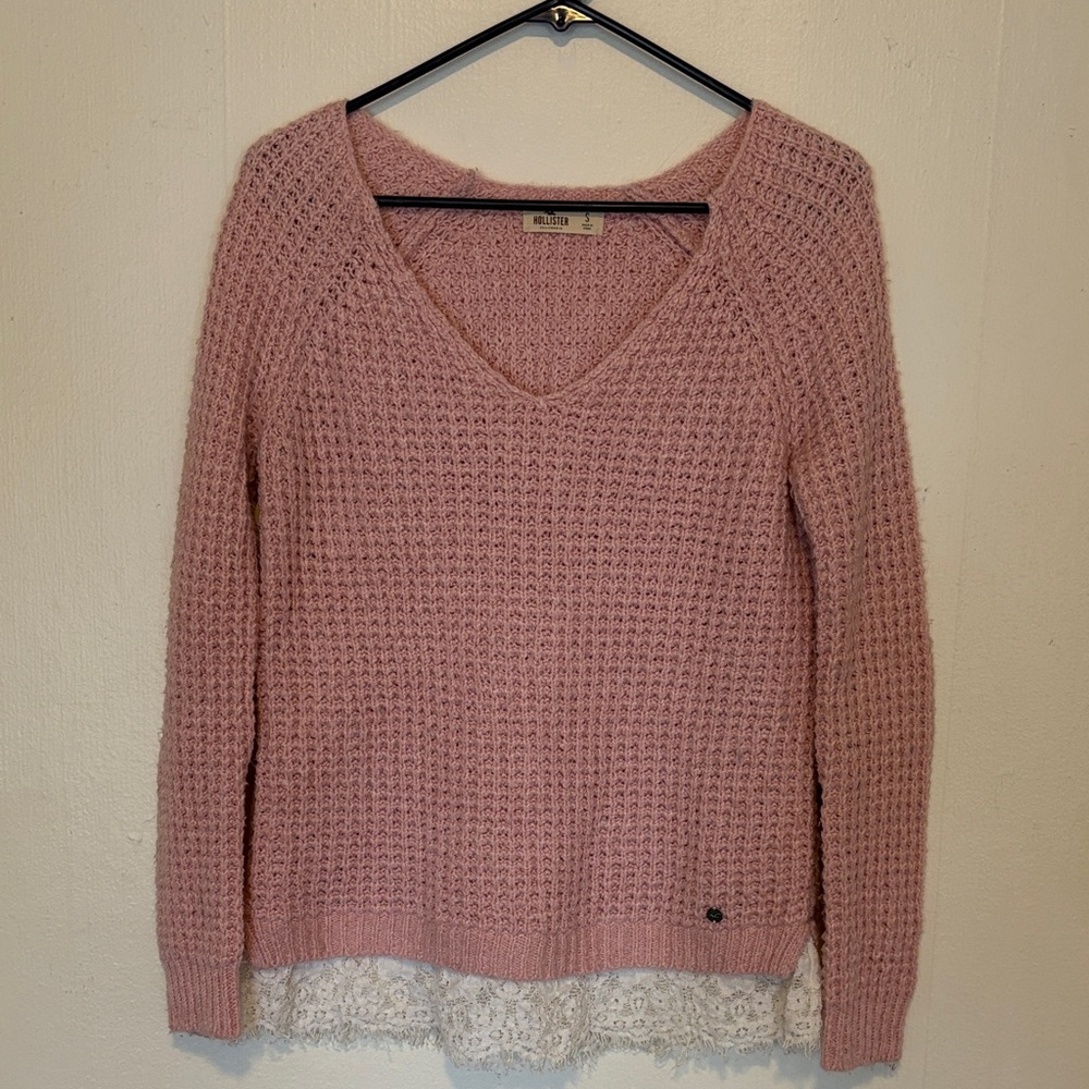 Hollister Pink V-Neck Sweater with Lace Hem